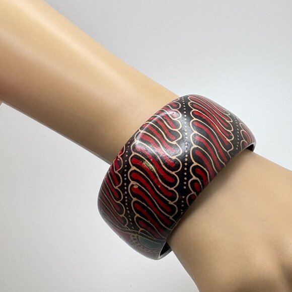 Vintage Chunky Bangle Wide Bracelet Tribal Design Boho 80s Flowers - Picture 2 of 6